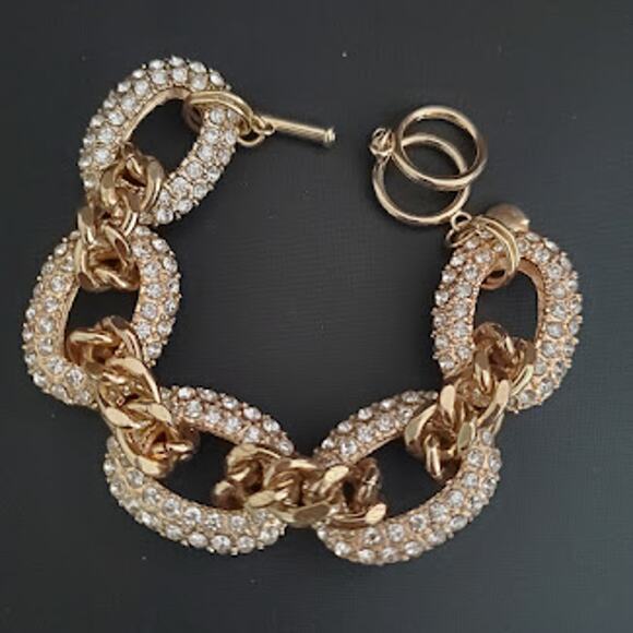 Pave Crystal‎ Link Chunky Bracelet Gold Tone with Toggle Closure - Picture 1 of 5